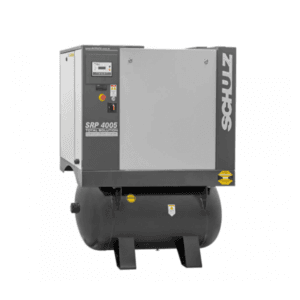Compresor Schulz SRP 4005 TS de 5 HP montado sobre tanque horizontal con cabinete acústico silencioso.