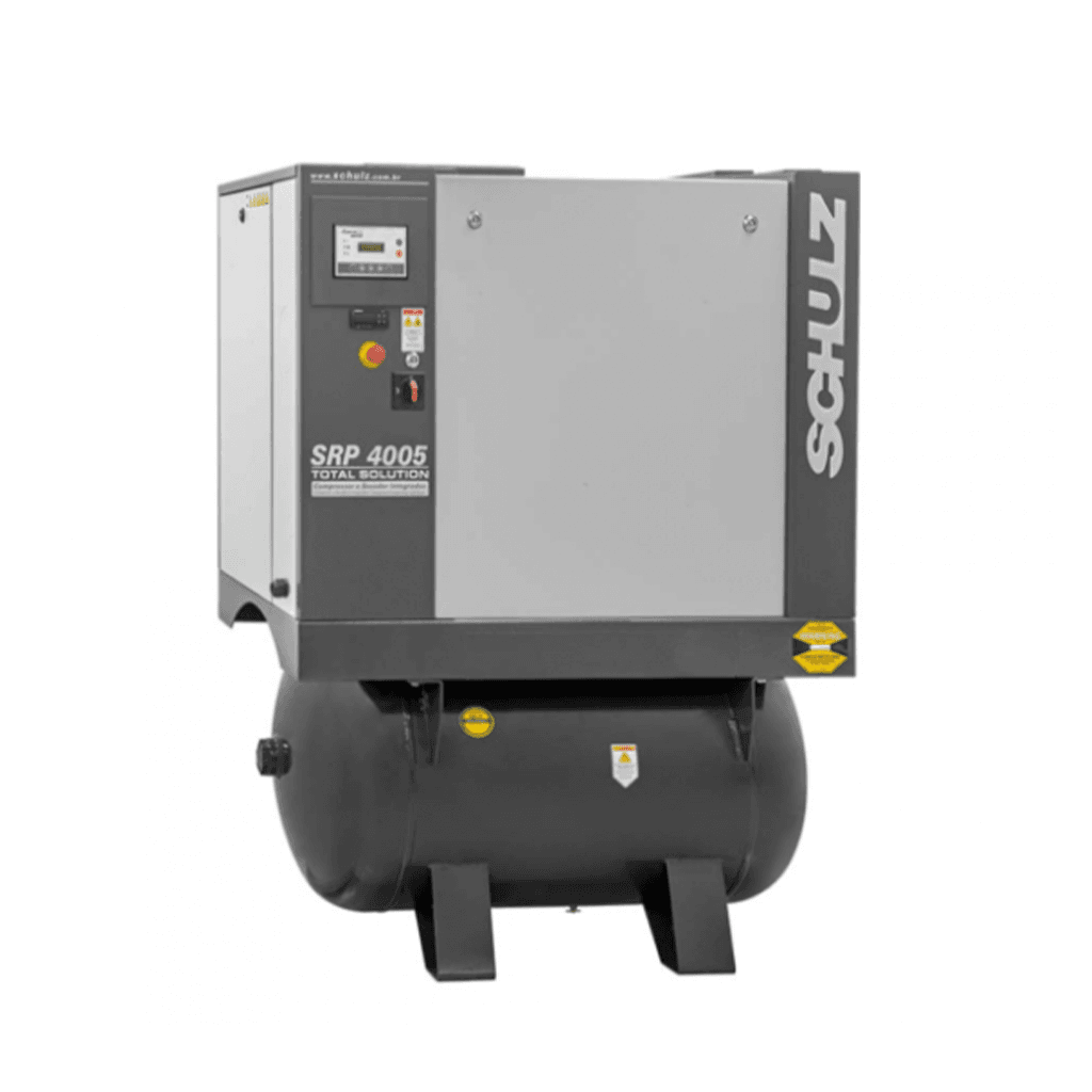 Compresor Schulz SRP 4005 TS de 5 HP montado sobre tanque horizontal con cabinete acústico silencioso.
