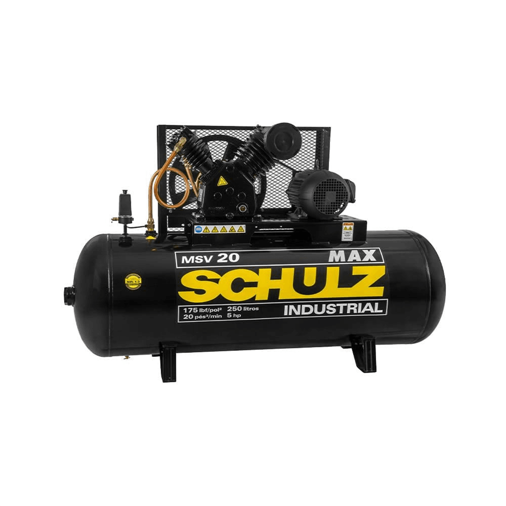 Compresor Schulz MSV 20 MAX de 5 HP y tanque de 220 litros horizontal con transmisión por faja.
