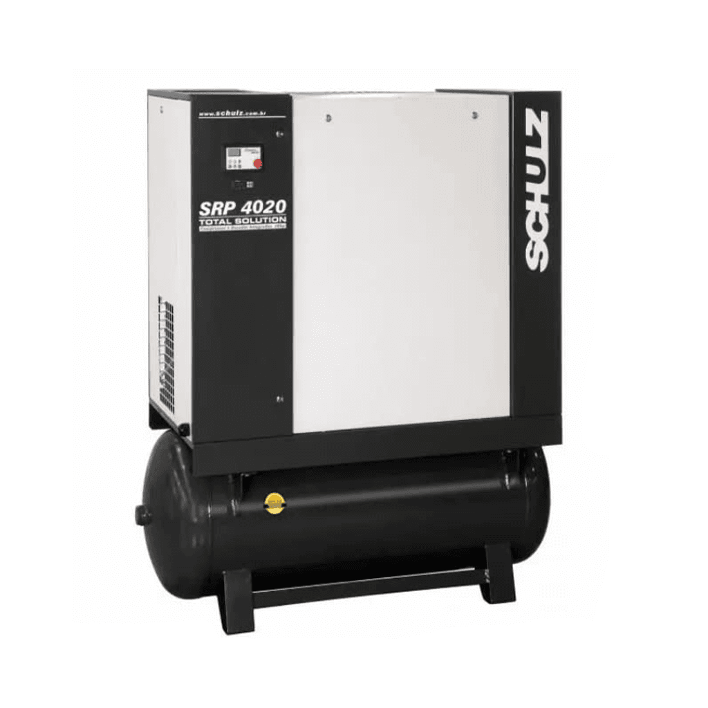 Compresor de tornillo 20 HP Schulz modelo SRP 4020 TS con secador de aire tanque y prefiltro industrial.