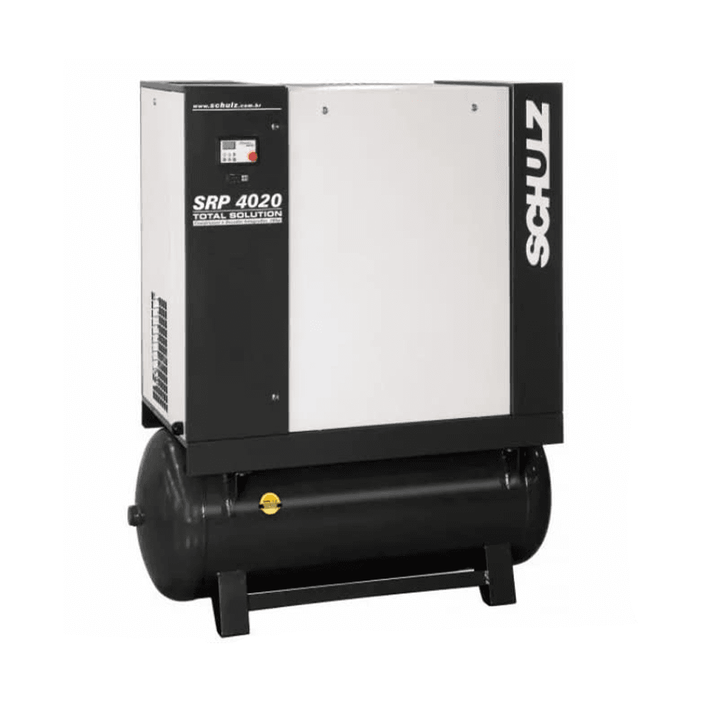 Compresor de tornillo 25 HP Schulz modelo SRP 4025 TS con secador de aire tanque y prefiltro industrial.