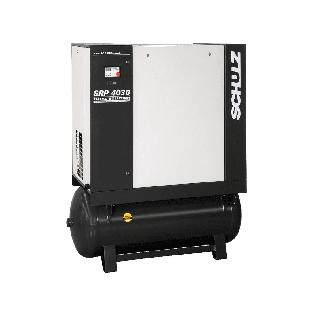 Compresor de tornillo 30 HP Schulz modelo SRP 4030 TS con secador de aire tanque y prefiltro industrial.