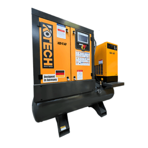 Compresor Kotech 15 HP de tornillo rotativo integrado modelo KED 11 AD con secador de aire tanque y prefiltro industrial.